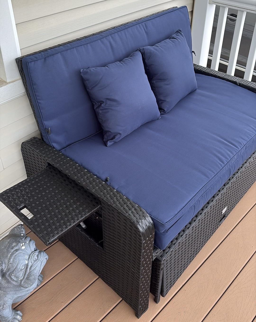 Tangkula Patio Rattan Daybed with 4-Level Adjustable Backrest, Outdoor PE Wicker Loveseat with Storage Ottoman & Folding Side Tray, Double Sunbed Lounger for Balcony, Backyard & Poolside, Navy & Brown customer photo 1