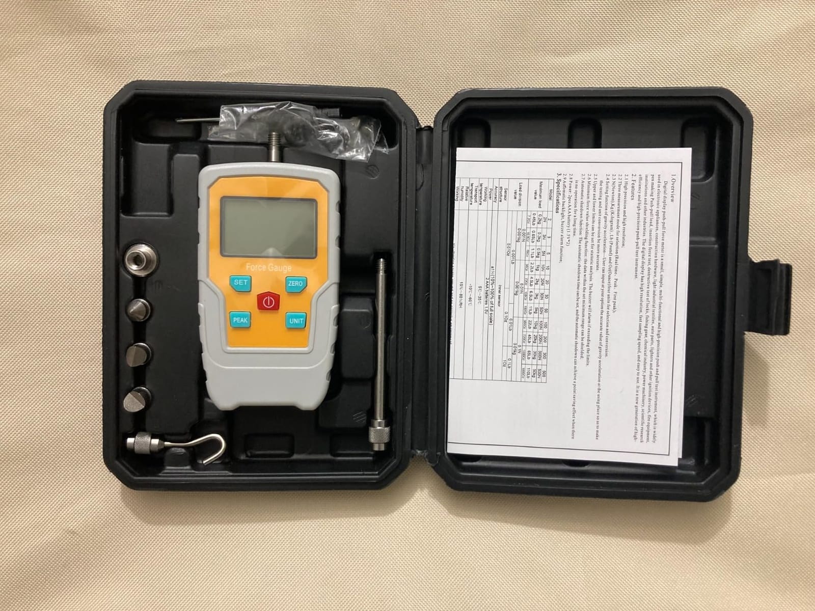 Digital Electronic Pull Gauge Tester 110LB/500N Force Gauge Push-Pull Meter Tension Compression Pressure Testing Thrust Meter Peak Mode with 6 Kinds of Probe and Extension Rod (110LB 500N) customer photo 2