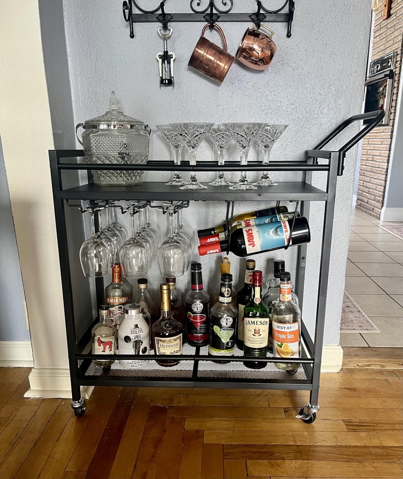 LAATOOREE Bar Cart, Two-Color Home Bar Serving Cart, Mobile Drink Beverage Cart with 2 Storage Shelves, Rolling Kitchen Cart with Wine and Glass Holder, for Dinning Room, Living Room, Kitchen customer photo 1