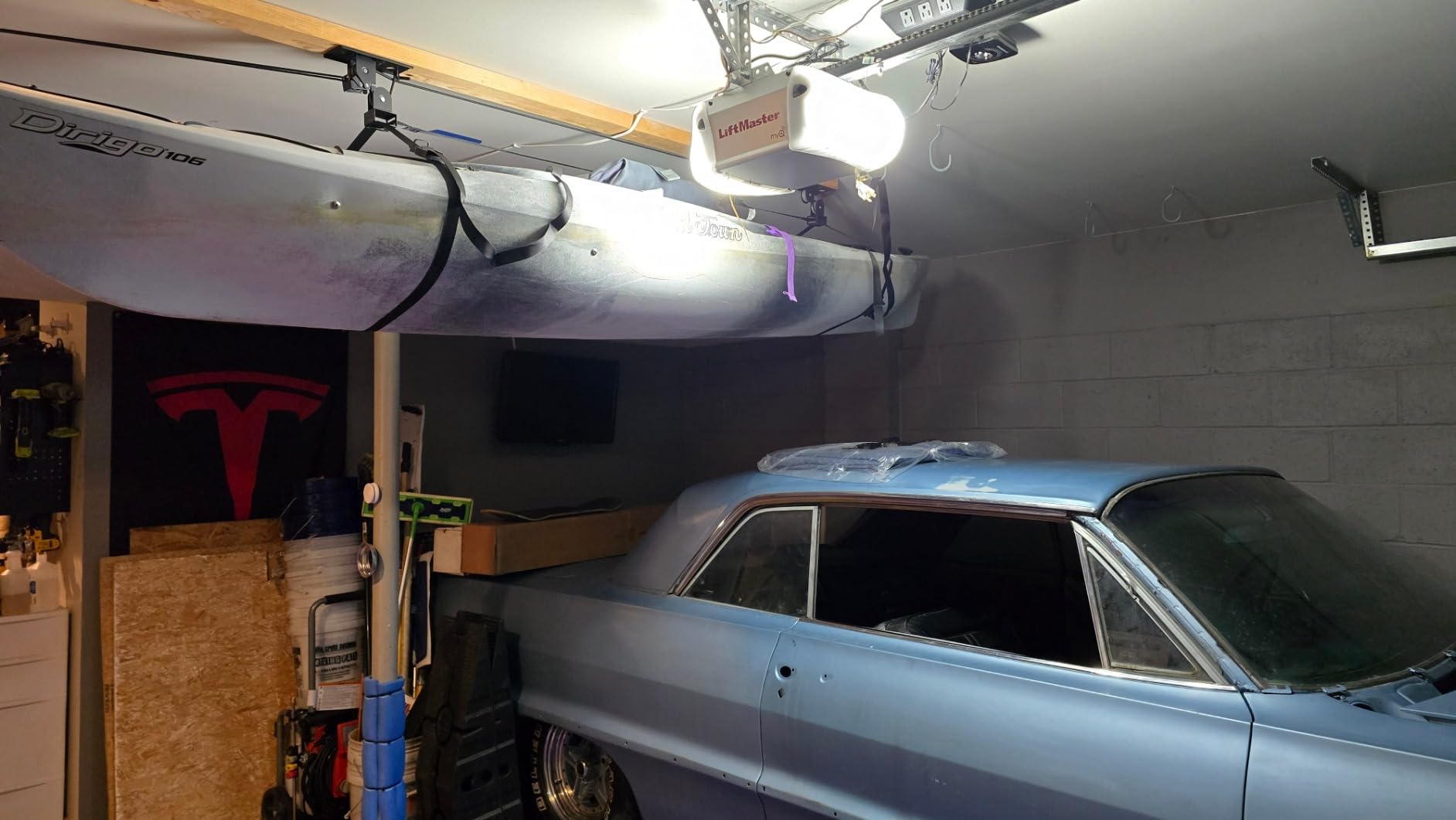 StoreYourBoard Kayak and Canoe Ceiling Hoist – Overhead Garage Storage Rack for Kayaks, Canoes, and Paddle Gear – Heavy Duty Pulley System Indoor Ceiling Mount customer photo 1