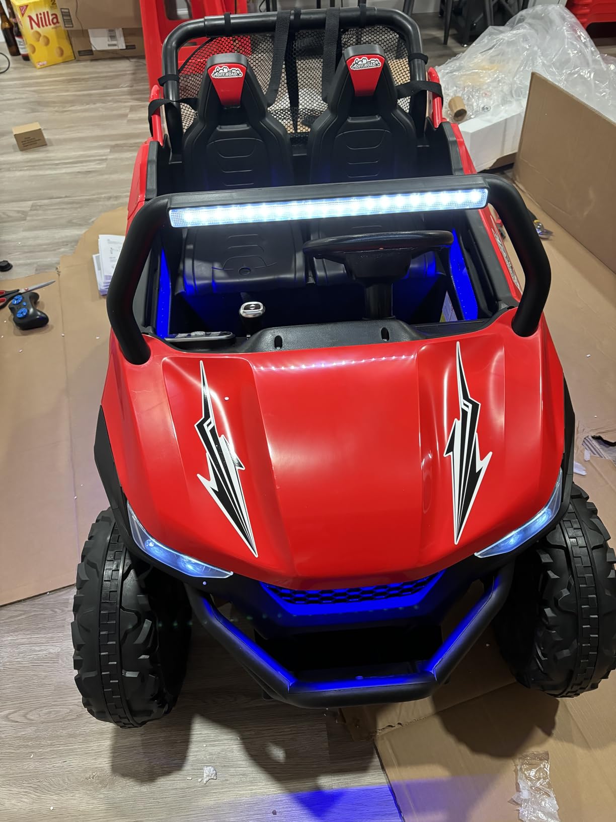 Costzon 2-Seater Ride on Car for Kids, 12V Kids' Electric Vehicles w/Remote Control, 4 Shock Absorbers, Wireless Music & FM, 3 Speeds, Ambiance Lights, Electric Car UTV for Boys Girls (Red) customer photo 2