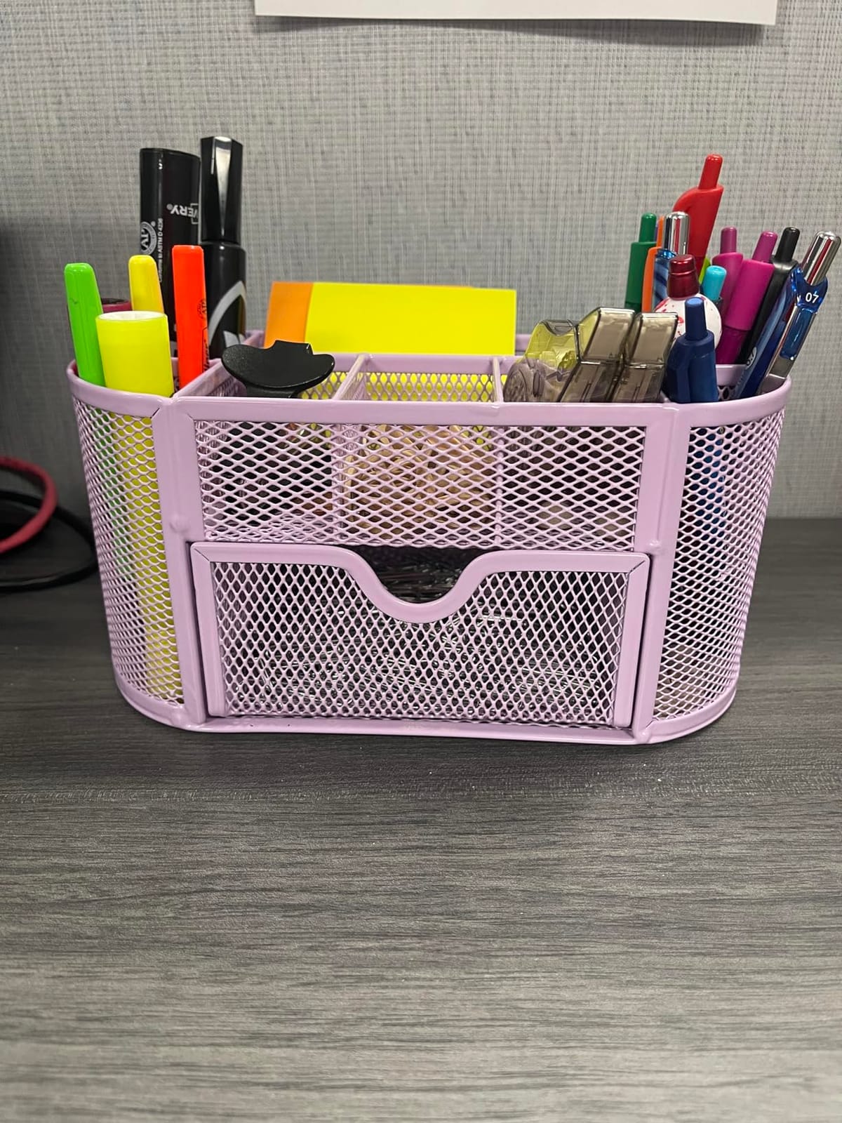 Mesh Desk Organizer with Drawer, 9-Compartment Pen Holder for Desk, Black customer photo 1