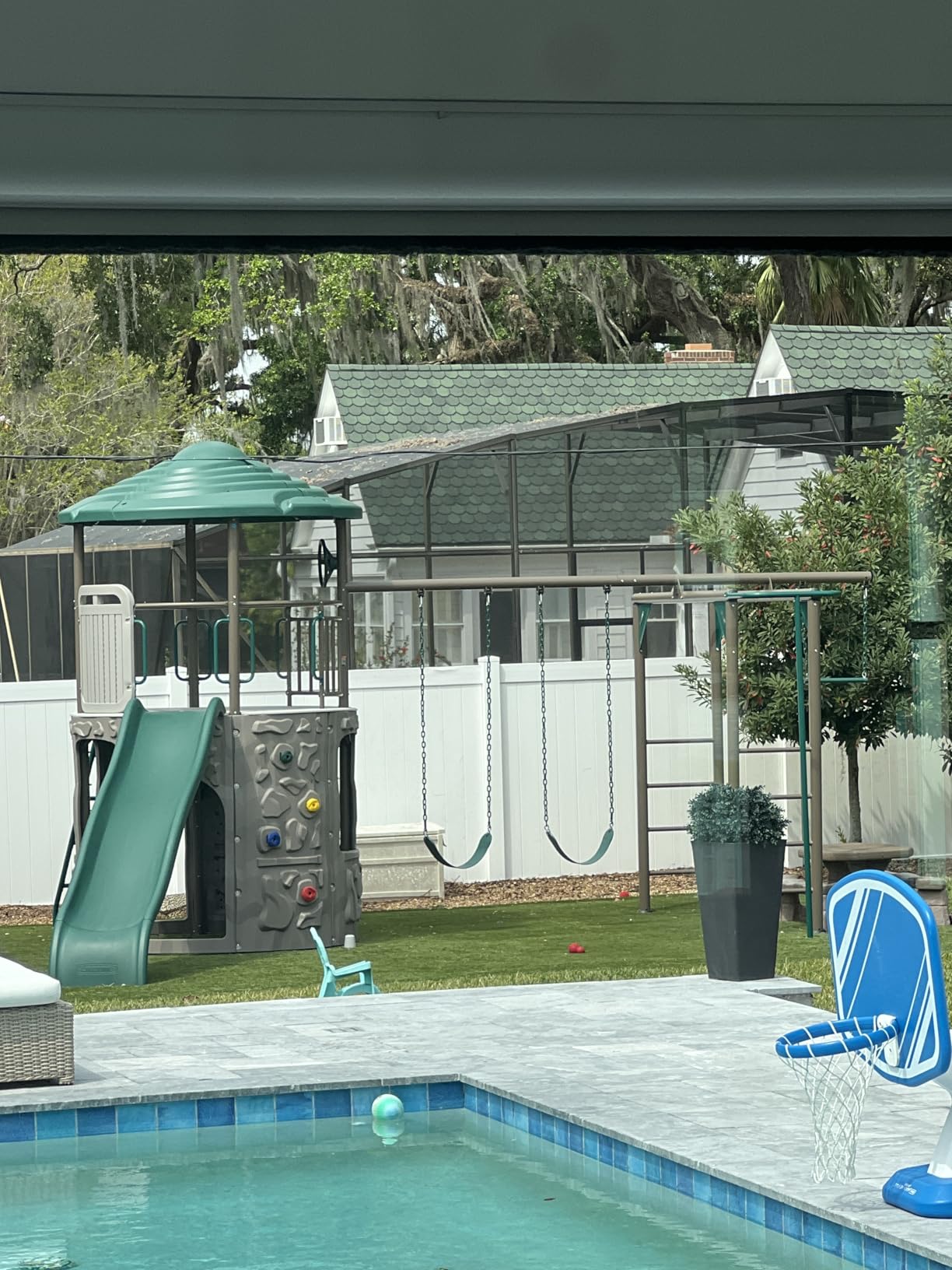 Lifetime Adventure Tower Deluxe Swing Set Playset Lifetime Adventure Tower, Covered Clubhouse, 9 ft Wavy Slide, Monkey Bars, Climbing Wall, Fireman’s Pole, Belt Swings & Trapeze customer photo 2