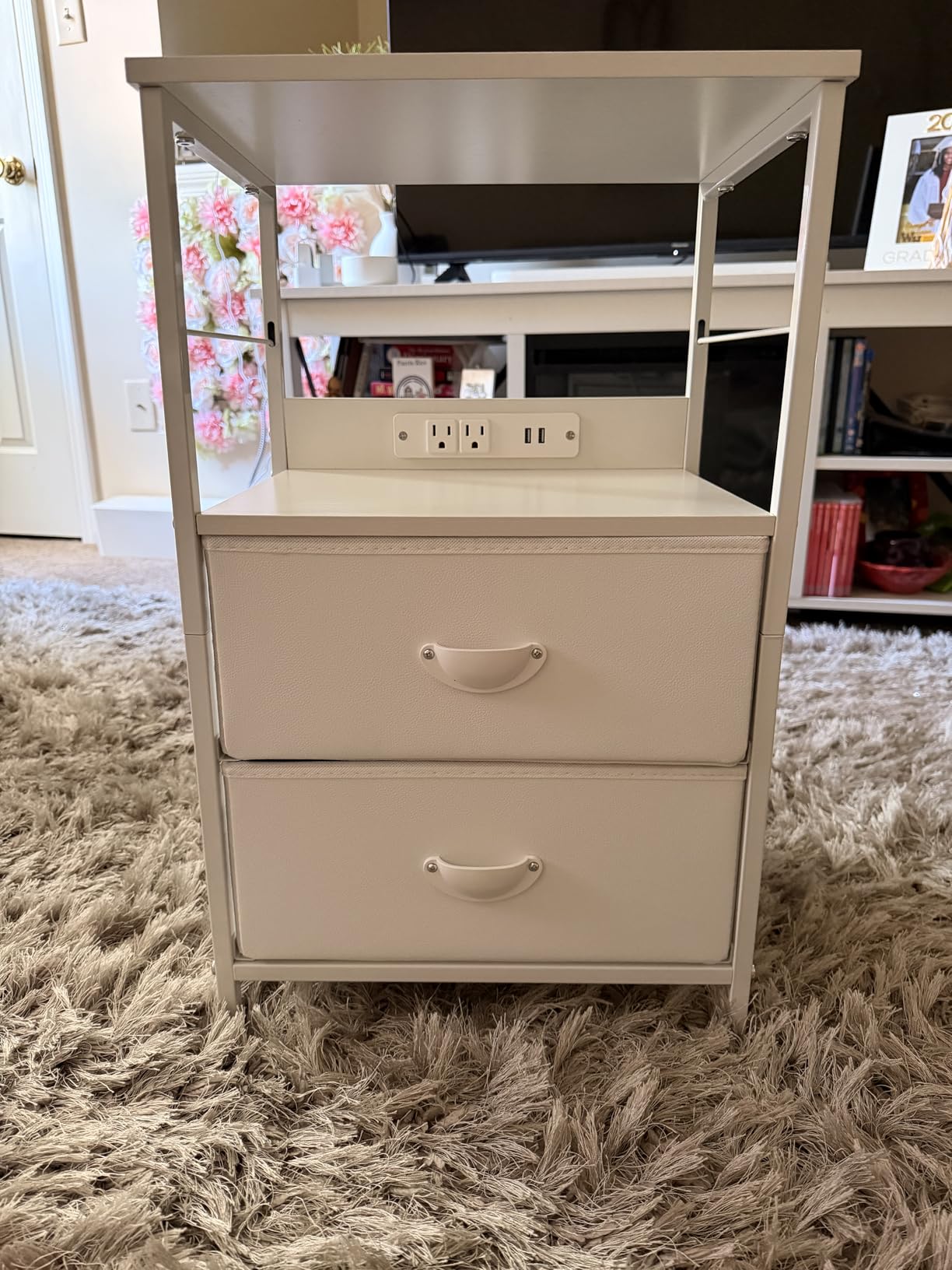 Furologee Night Stand with Charging Station, 2 Fabric Drawers, White customer photo 2