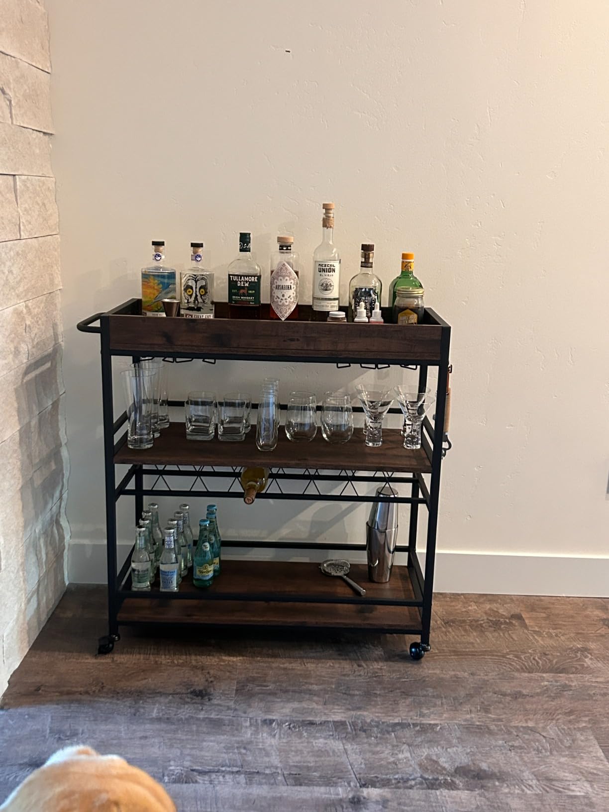 BON AUGURE Bar Cart for The Home, Bar Serving Carts on Wheels, 3 Tier Storage Drink Trolley, Rolling Wood and Metal Liquor Beverage Cart (Vintage Oak) customer photo 1