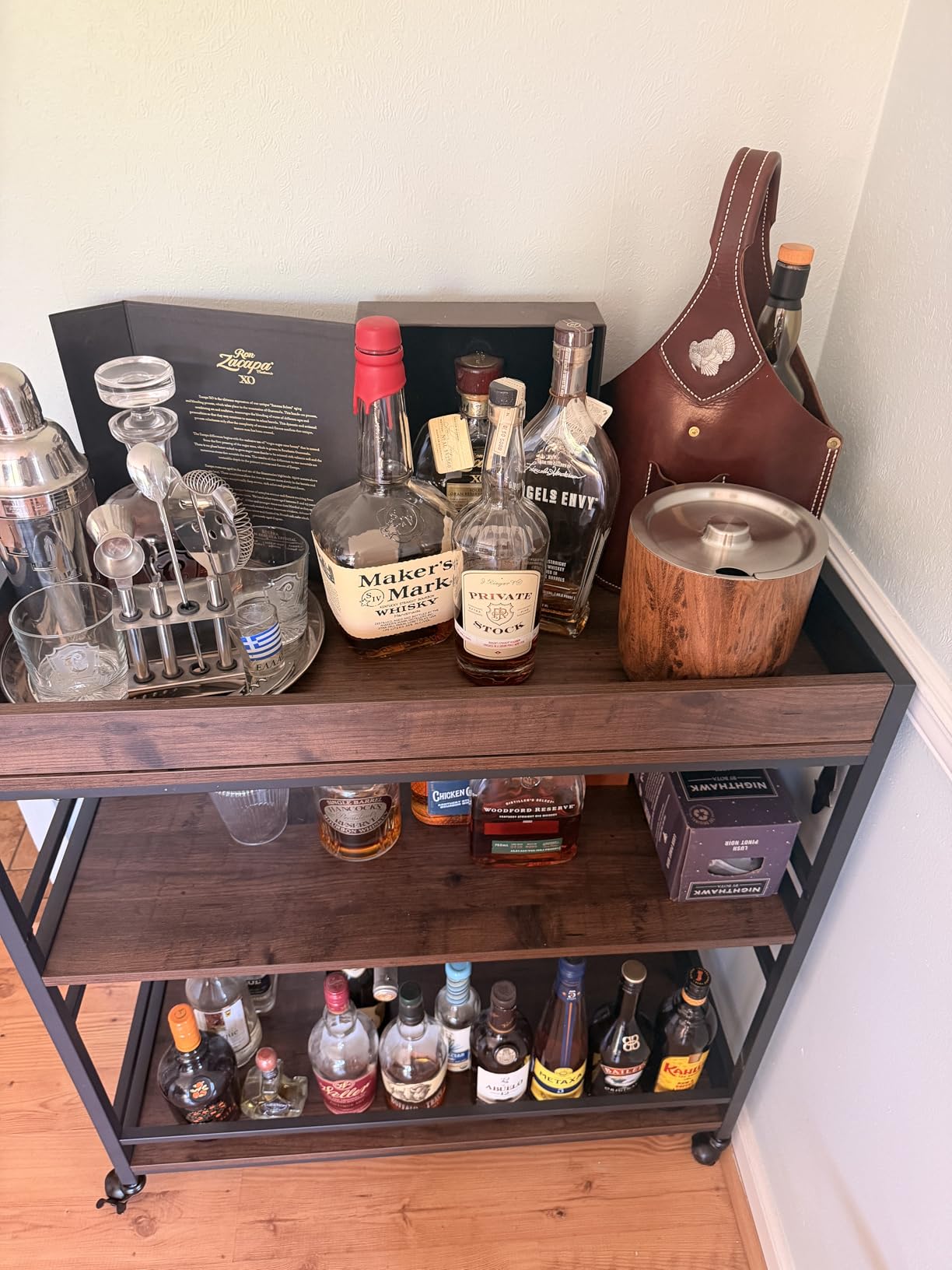 BON AUGURE Bar Cart for The Home, Bar Serving Carts on Wheels, 3 Tier Storage Drink Trolley, Rolling Wood and Metal Liquor Beverage Cart (Vintage Oak) customer photo 2