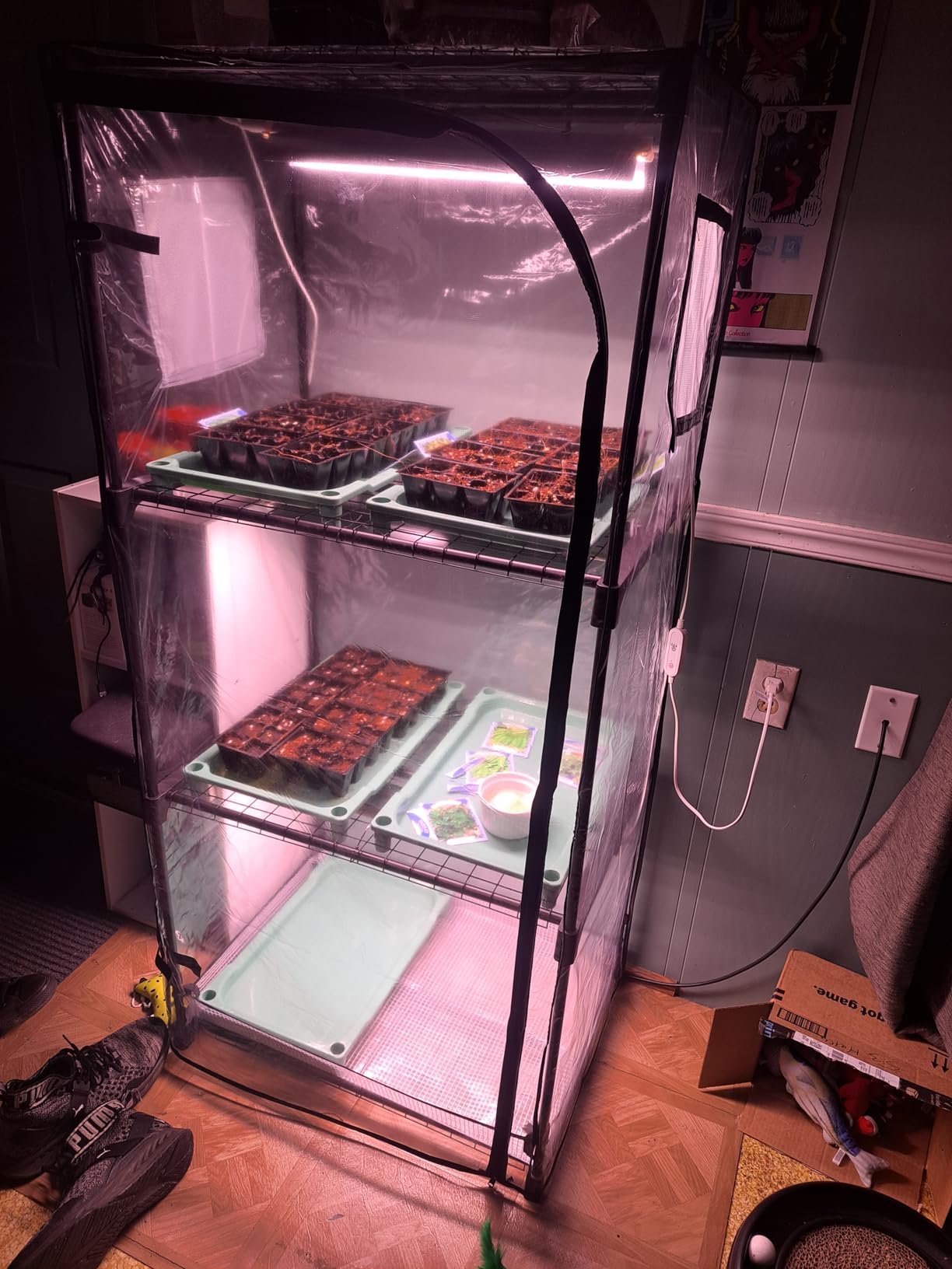 Indoor Greenhouse with Grow Light, 4-Tier Shelf, 26.4x19x61in | 1.6FT T5 Grow Light for Seedlings, Waterproof PVC Tent with Zipper Door, Plant Stand with 80W Full Spectrum Light, Timer customer photo 2