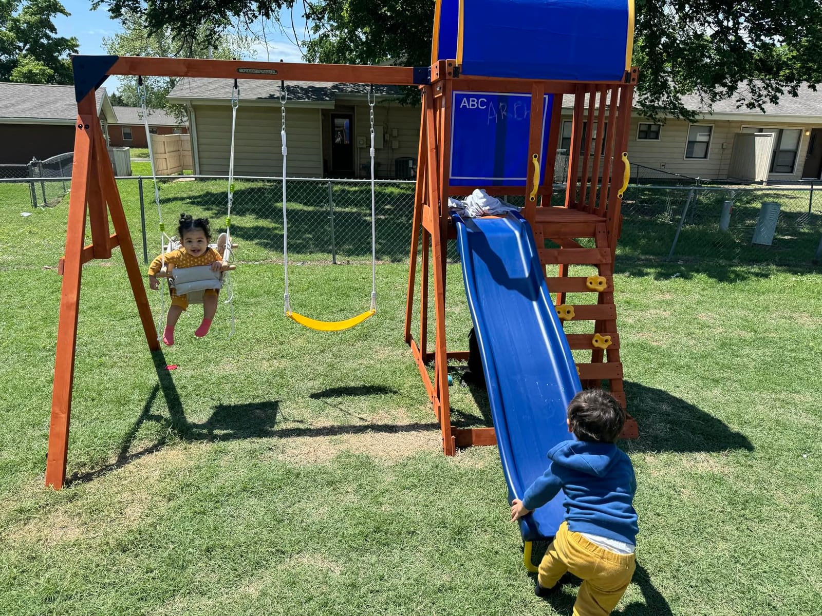 Sportspower Augusta Cedar Wooden Swing Set for Kids Ages 3-8, Outdoor Backyard Playset with 2 Sling Swings, Play Fort with Canopy, Heavy-Duty A-Frame on 6ft Slide, Bonus Anchor Kit customer photo 1