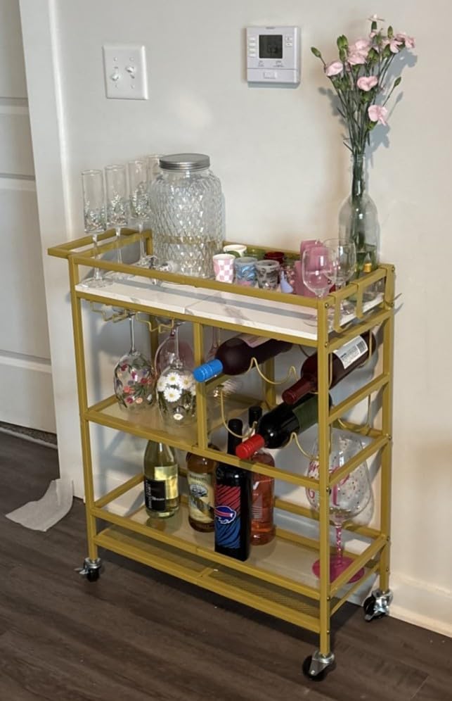 MAHANCRIS Bar Cart for Home, 3-Tier Serving Cart with Wheels and Handle, Beverage Cart with Wine Rack and Glass Holders, Rolling Wine Cart for Kitchen, Dining Room, Gold and White RCJM6101 customer photo 2