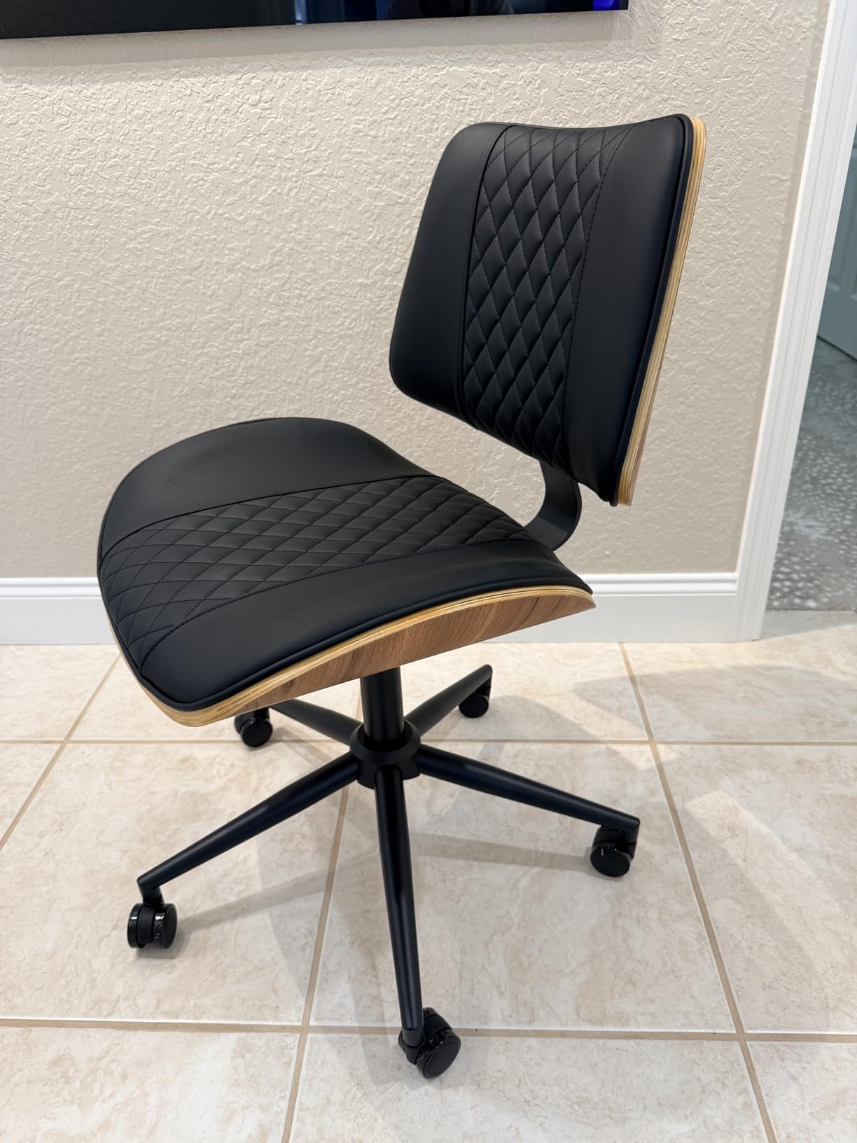 Home Office Chair No Arms with Wheels, Adjustable Height Small Desk Chair, PU Leather Mid Back 360 Swivel Computer Chair, Armless Modern Walnut Chair for Office, Reading Meeting Room(Beige) customer photo 1