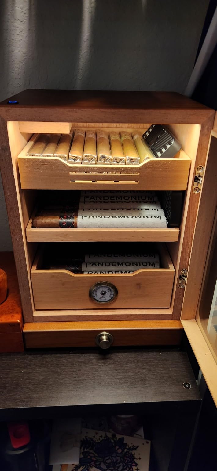 Tesonway Cigar Humidor, Desktop Cigar Humidor Cabinet Light Control System with Spanish Cedar Wood Shelves, Hygrometer, 3 Humidifiers and Cigar Accessories Drawer, Father's Day Gift for Men (Brown) customer photo 2