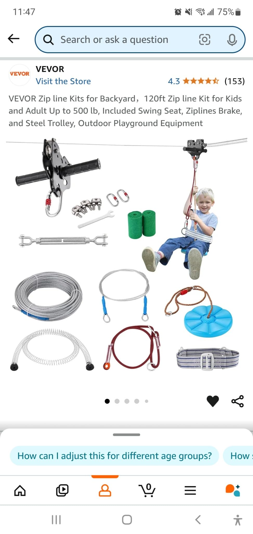 VEVOR Zipline Kit for Kids and Adult, 65 ft Zip Line Kits Up to 330 lb, Backyard Outdoor Quick Setup Zipline, Playground Entertainment with Zipline, Nylon Safety Harness, Seat, and Handlebar customer photo 1