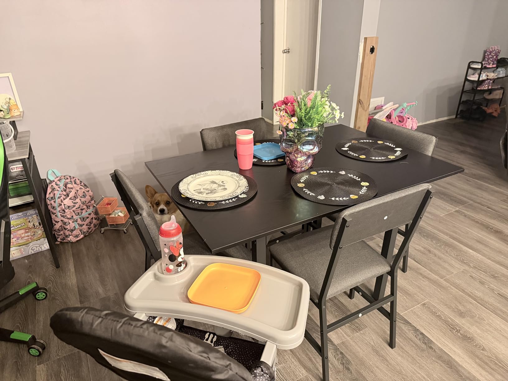 HUAHUU Dining Table Set for 4, Extendable Kitchen Table Cushion Chairs Set of 4, Rectangle Dining Table with Metal Frame & MDF Board, Folding for Small Apartment Saving Space, Black customer photo 2