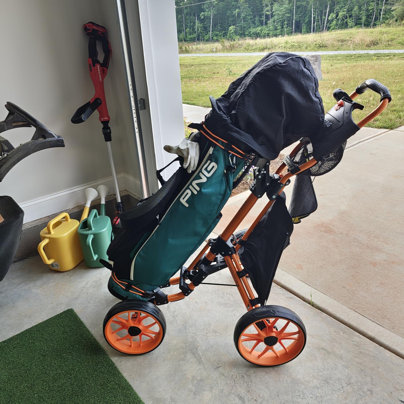 FLAGTAG Golf Push Cart 4-Wheels,Folding Golf Cart, Golf Pull cart with Cup Holder,Umbrella Holder,Cooler Bag, Foldable with one-Click,Handle Height Adjustable,Drink Holder,Walking Push cart customer photo 1