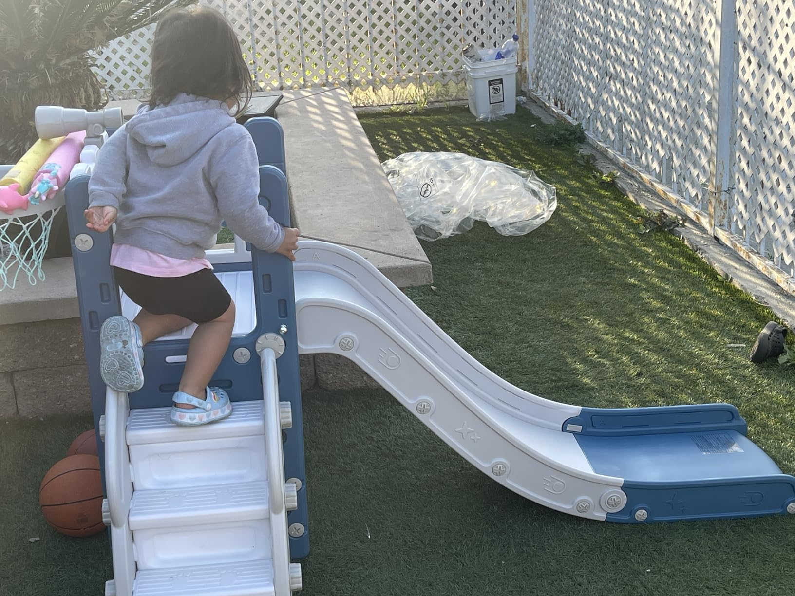 LulliSpace 6 in 1 Toddler Slide,Kids Climber Slider for Indoor Outdoor Playground with Basketball Hoop,Storage and Telescope,L Shaped Slide for Toddler Climber Playset customer photo 2