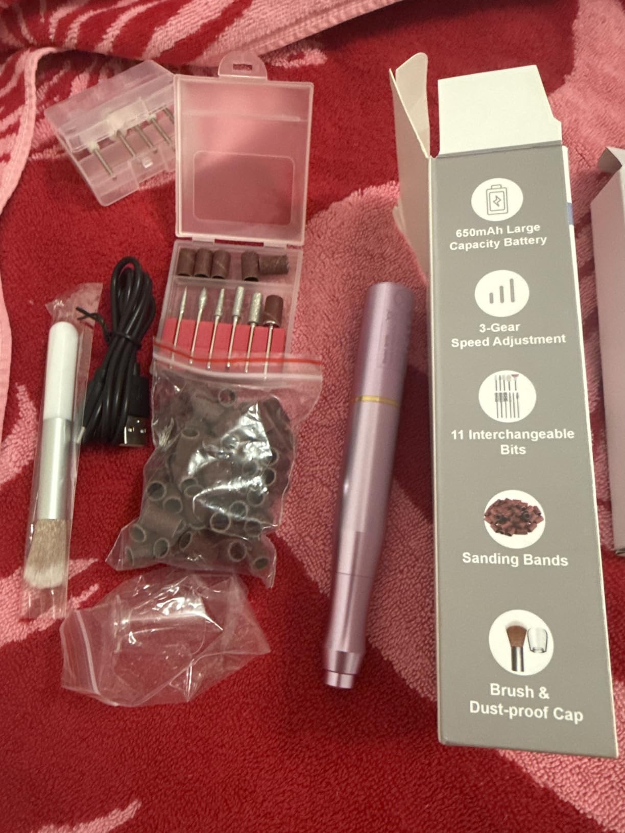TUOBEO Cordless Nail Drill Electric Nail File Kit, Rechargeable Efile Set | Portable Acrylic Gel Nail Polish Remover Machine, Pedicure Manicure Tool, 11 Bits, 56 Sanding Bands, Salon Home, Purple customer photo 2