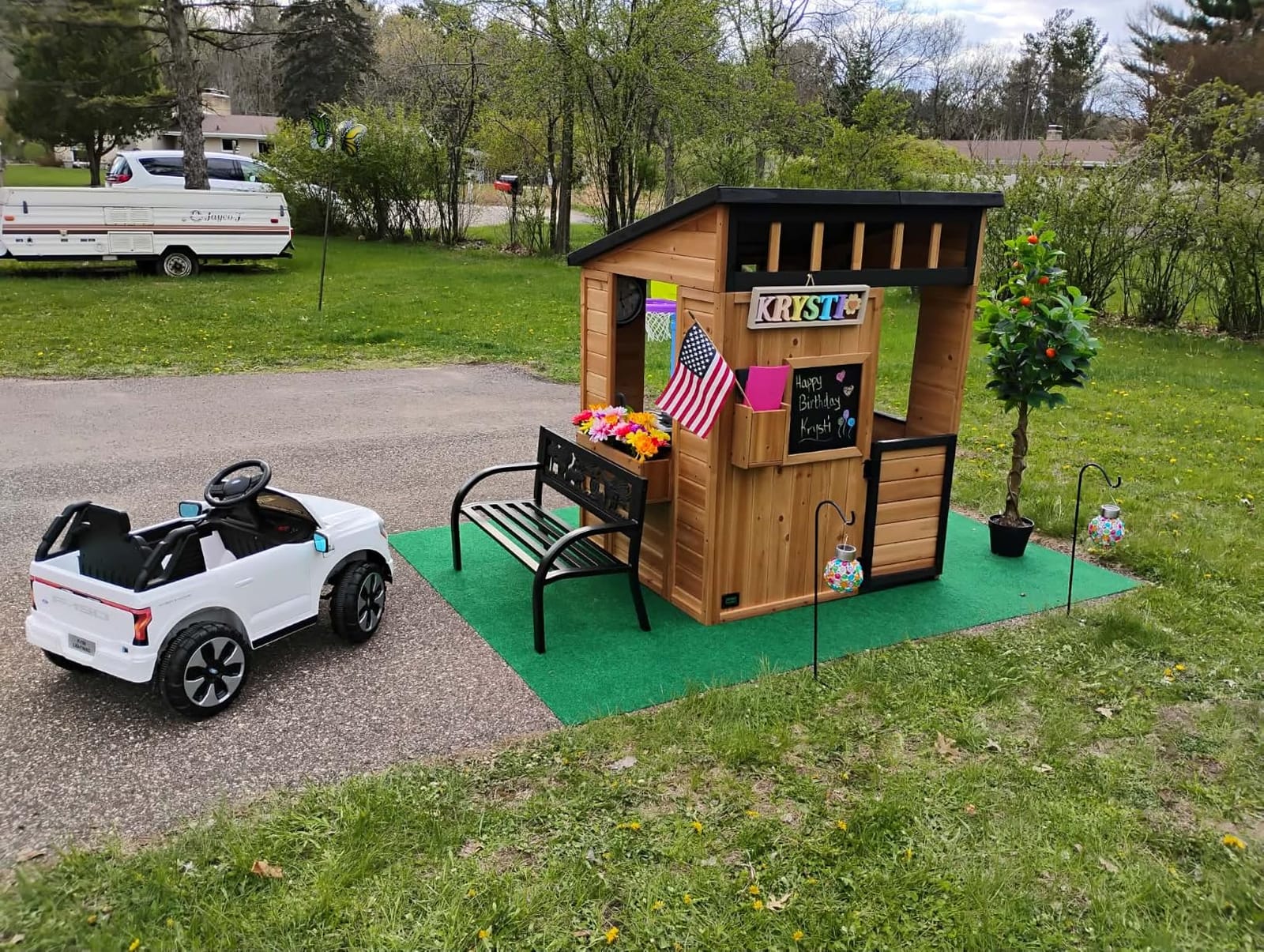 Backyard Discovery Caraway Cottage Cedar Wooden Kids Playhouse with Play Kitchen, Chalkboard, Mailbox, Half Door, Windows, Flower Box, Modern Farmhouse Design for Outdoor Imaginative Play customer photo 2