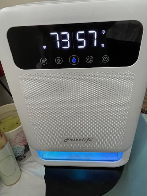 Frizzlife Air Dehumidifier, 135oz Water Tank W/Purifying Function, Quiet Small Dehumidifiers With Sleep Mode For Home, Bedroom, Bathroom, Basement W/Auto Shut Off, 7 Colors LED Light, Gray customer photo 2