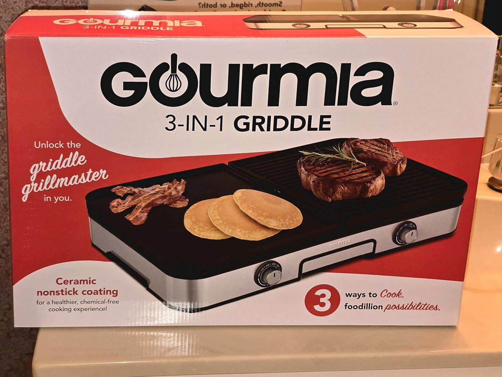 Gourmia 3-in-1 Indoor Grill & Griddle Electric Combo – Dual Independent Cooking Zones, Reversible Nonstick Ceramic Plates, XL Cooking Surface, 250–400°F Adjustable Temp, Dishwasher Safe customer photo 2