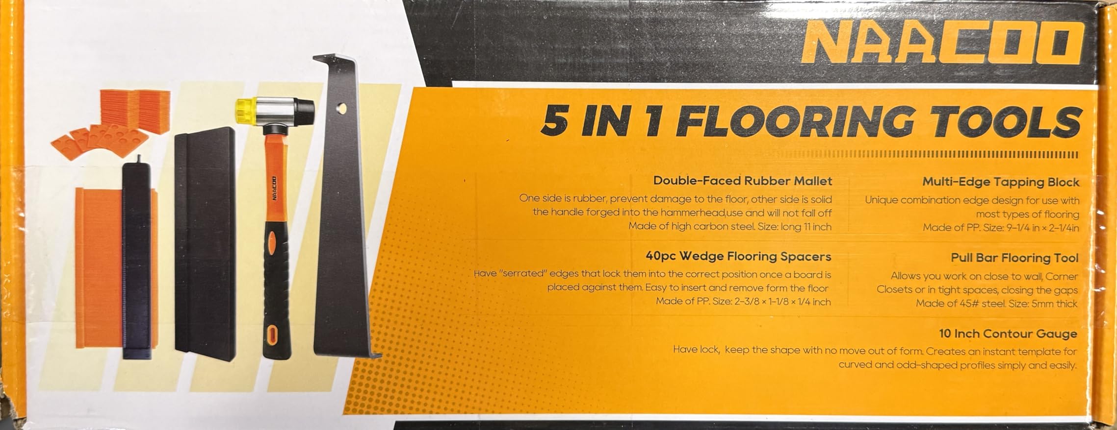 NAACOO Laminate Flooring Tools, Universal 5 in 1 Floor Installation Kit | Tapping Block-Double Sided with Notches,10In Contour Gauge,Pull Bar,40Pcs Floor Spacers,Rubber Mallet customer photo 2