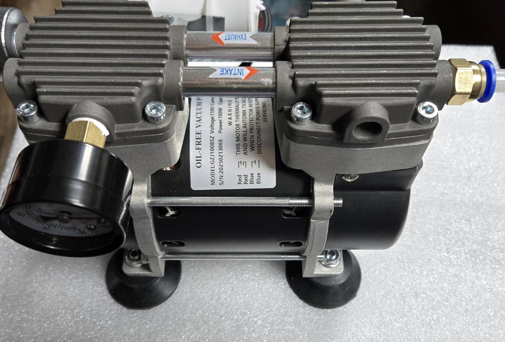 Vacuum Pump 50 L/Min with Switch, Oilless Lab Pump, 110V | 180W, -85Kpa, Oil Free Vacuum Pump with Vacuum Meter, Aluminum Silencer and 4 Connectors, for Industry customer photo 1