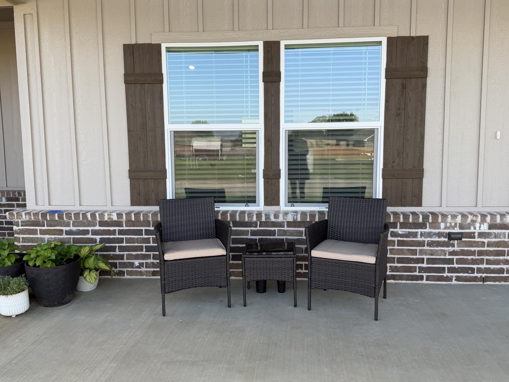 Yaheetech 3 Pieces Patio Conversation Set, Outdoor Rattan Bistro Furniture, 2 Chairs with Cushions & 1 Side Table for Bistro/Porch/Garden/Deck/Courtyard, Black/Khaki customer photo 2