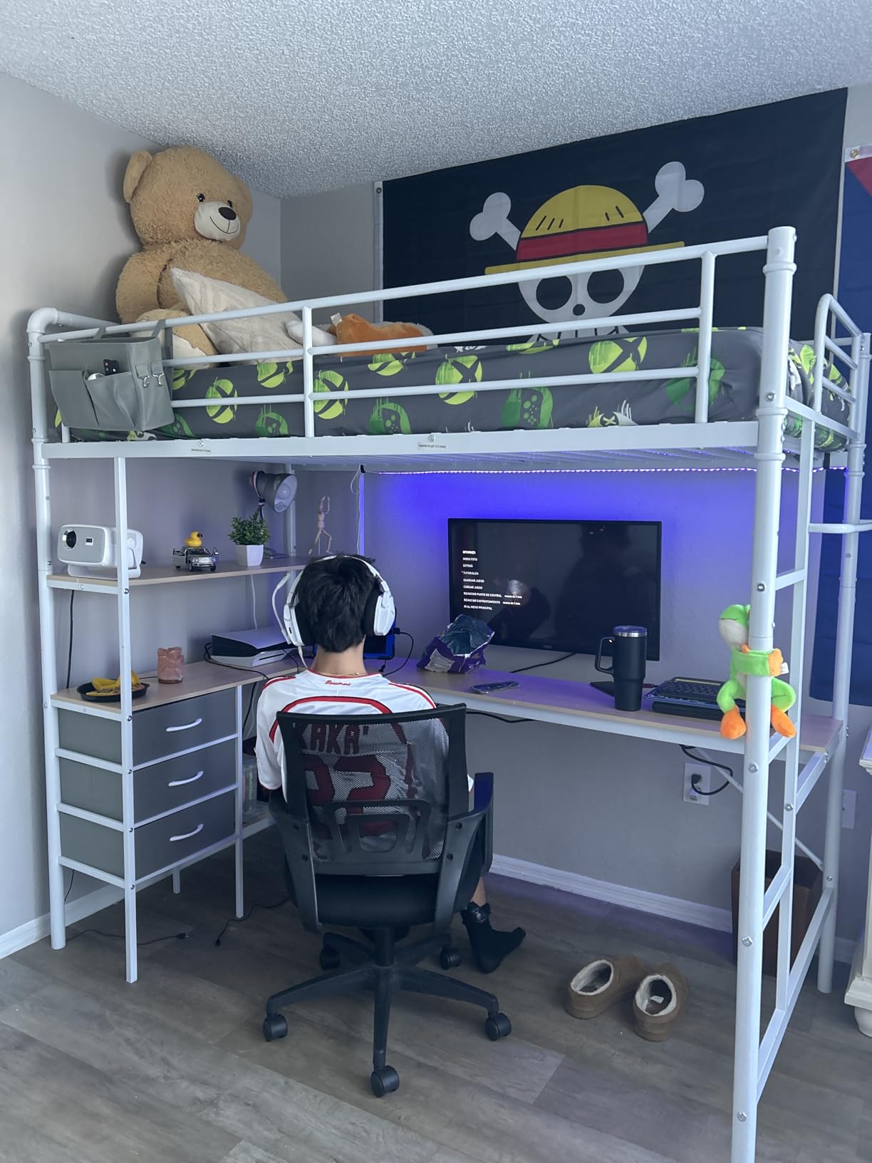 Twin Size Loft Bed with L-Shaped Desk, LED Lights,Charging Station, Industrial Heavy Duty Metal Loft Bed Frame with 3 Storage Shelves and 3 Fabric Drawers, Safety Guard & Ladder, Vintage Brown customer photo 1