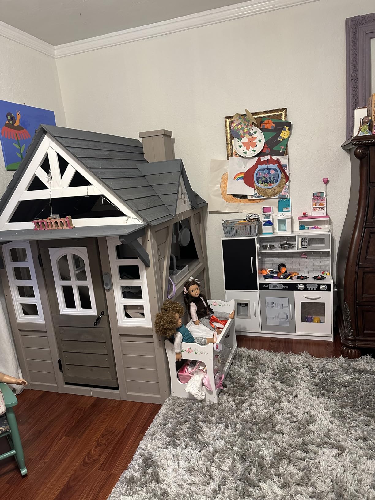 Seizeen Outdoor Play House for Kids, Fir Wooden Kids Playhouse Outdoor Indoor Cottage Toddler Playhouse with Kitchen, Dutch Door, Bench, Flowerpot Holders, Working Doorbell, Pet Hole, Clock (Brown) customer photo 1