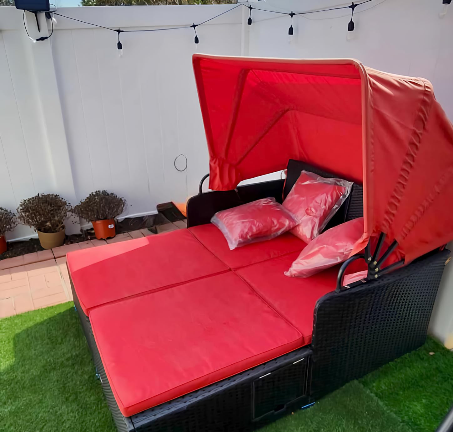 HAPPYGRILL Outdoor Wicker Lounge Daybed, Hand-Woven PE Rattan Daybed, Patio Loveseat Sofa Set with Retractable Canopy & 2 Side Tables, Outdoor Sun Lounger with Soft Cushions (Black) customer photo 2