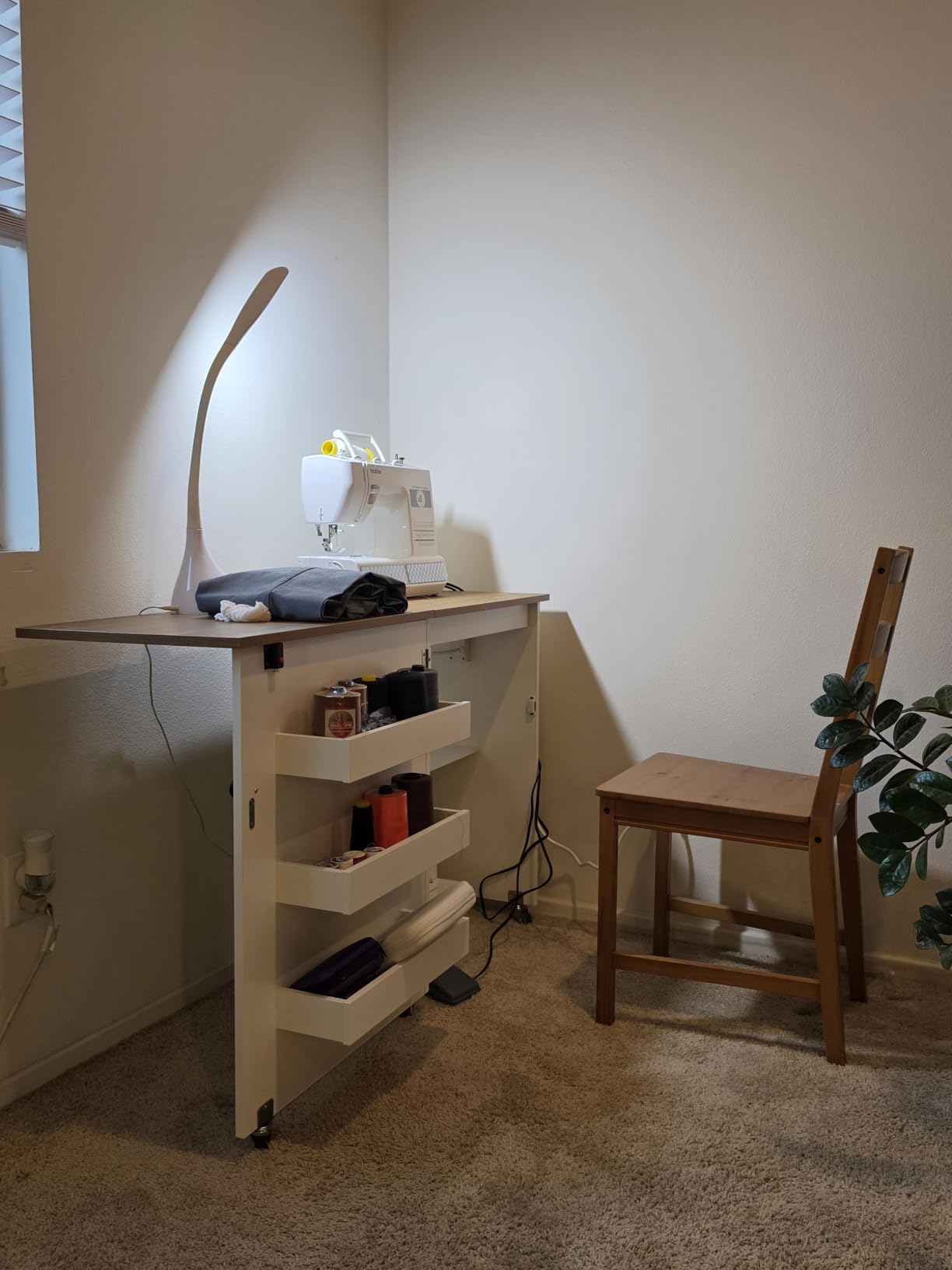 COSTWAY Folding Sewing Table with Charging Station, White & Natural customer photo 2