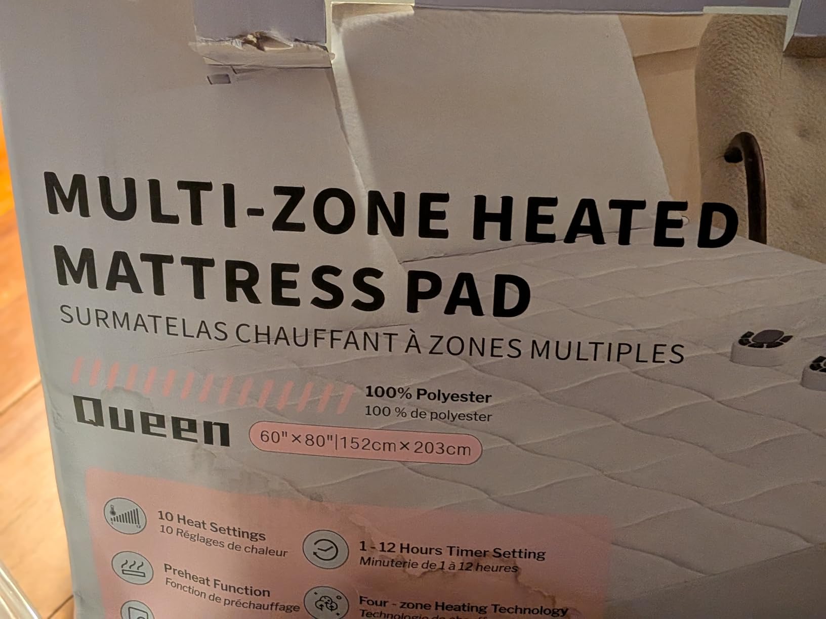 Multi-Zone Heated Mattress Pad Queen, Quilted Surface, Preheat & Memory | Electric Bed Warmer, 4-Zone Body & Foot, Dual Controls, 10 Heat Settings, 1-12 Hr Auto-Off, Lighted Button, ETL Listed customer photo 1