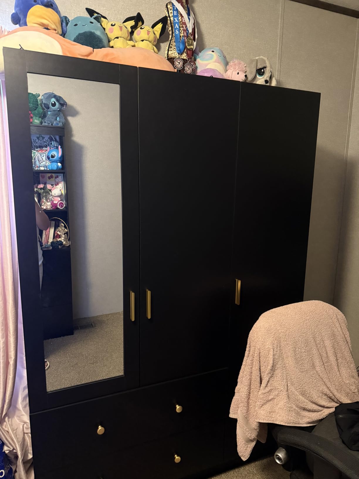 chartustriable 2 Doors Armoire Wardrobe Closet with Mirror, LED Closet with Doors and Drawers, Wooden Wardrobe Storage Cabinet with Hanging Rod, Small Armoire, Black customer photo 2