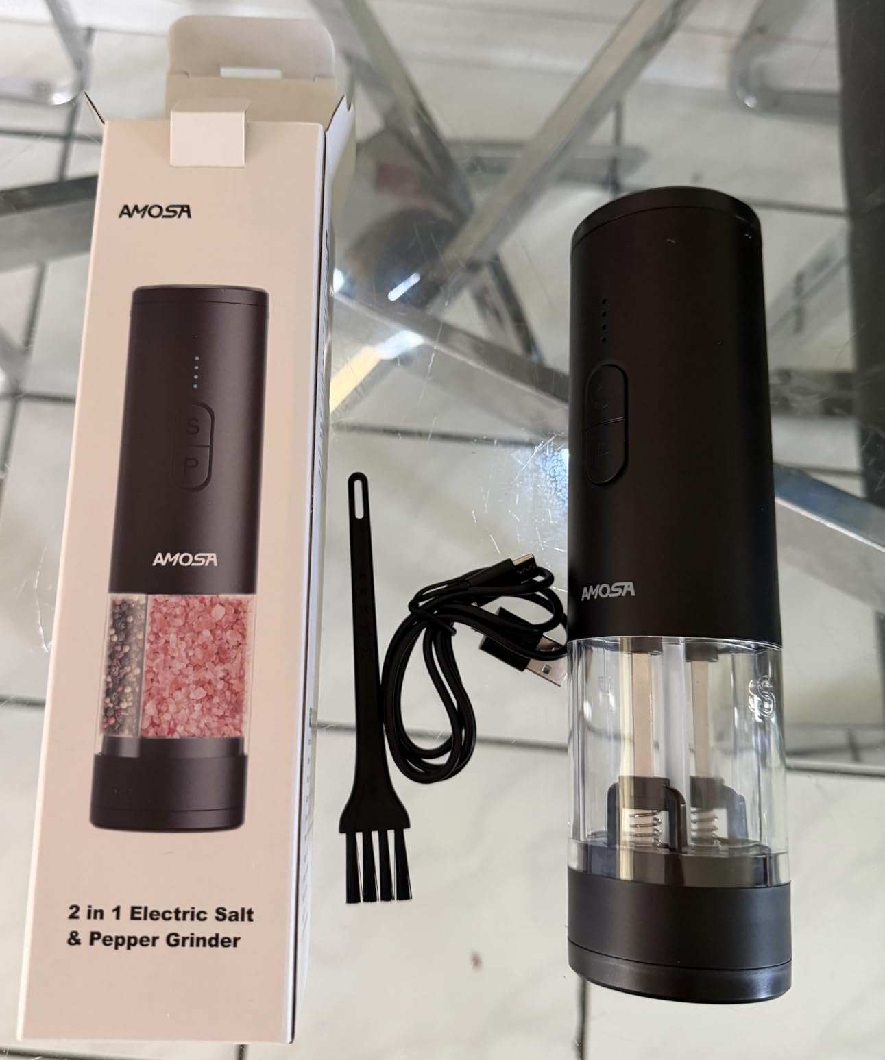 Electric Salt and Pepper Grinder Set, 2 in 1 Dual Bins USB Rechargeable | Refillable Automatic Salt and Pepper Mill Shaker with LED, Dual Ceramic Grinder Adjustable Coarseness, kitchen gift, Black customer photo 1
