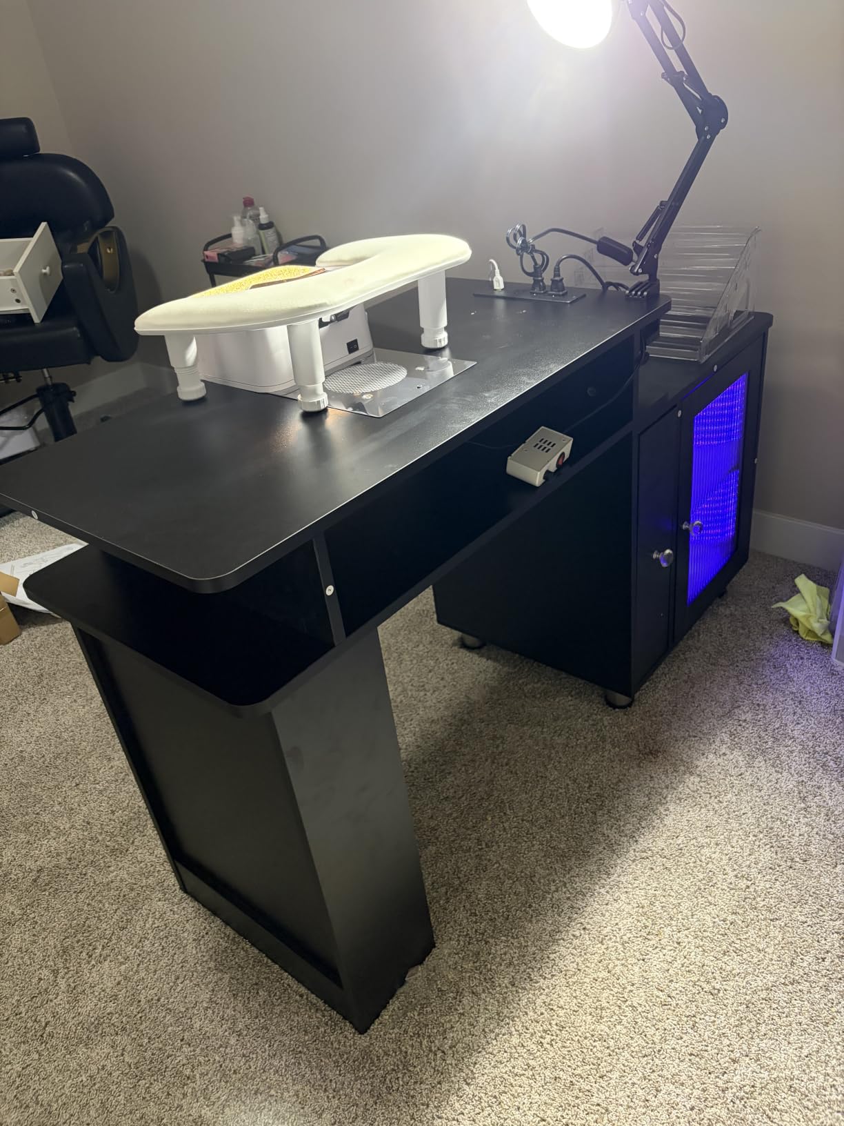 Paddie Manicure Table Nail Desk with LED Lamp & Light, Glass Cabinet Door Nail Table Station w/Dust Collector, Charging Station, Removable Acrylic Container, Cabinet and Drawer(Pink-New) customer photo 1