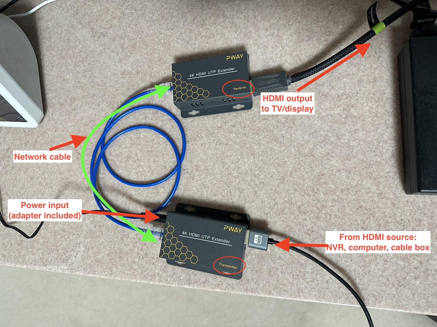PWAY 4K HDMI Extender Over Ethernet Cat5 Cat6 Cat7 Upto 230ft, with IR, Loop Out, 4K@30Hz 1080P HDMI Transmitter Receiver Video Converter POC with Holes, Easy Installation (HT275) customer photo 2