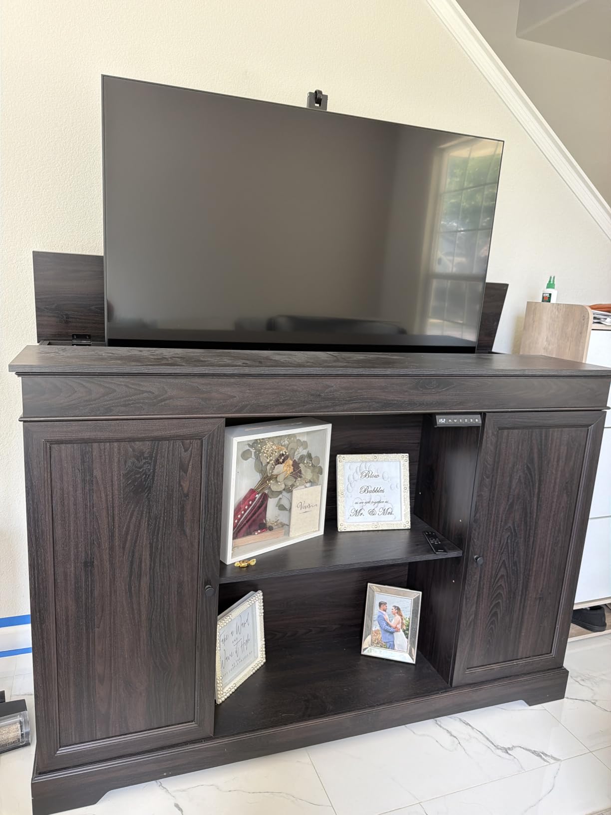 GDLF Hidden Motorized TV Lift Cabinet for 55-65 Inch TVs, Walnut | Remote control operation raises or lowers the screen, while interior compartments organize media devices and accessories customer photo 1