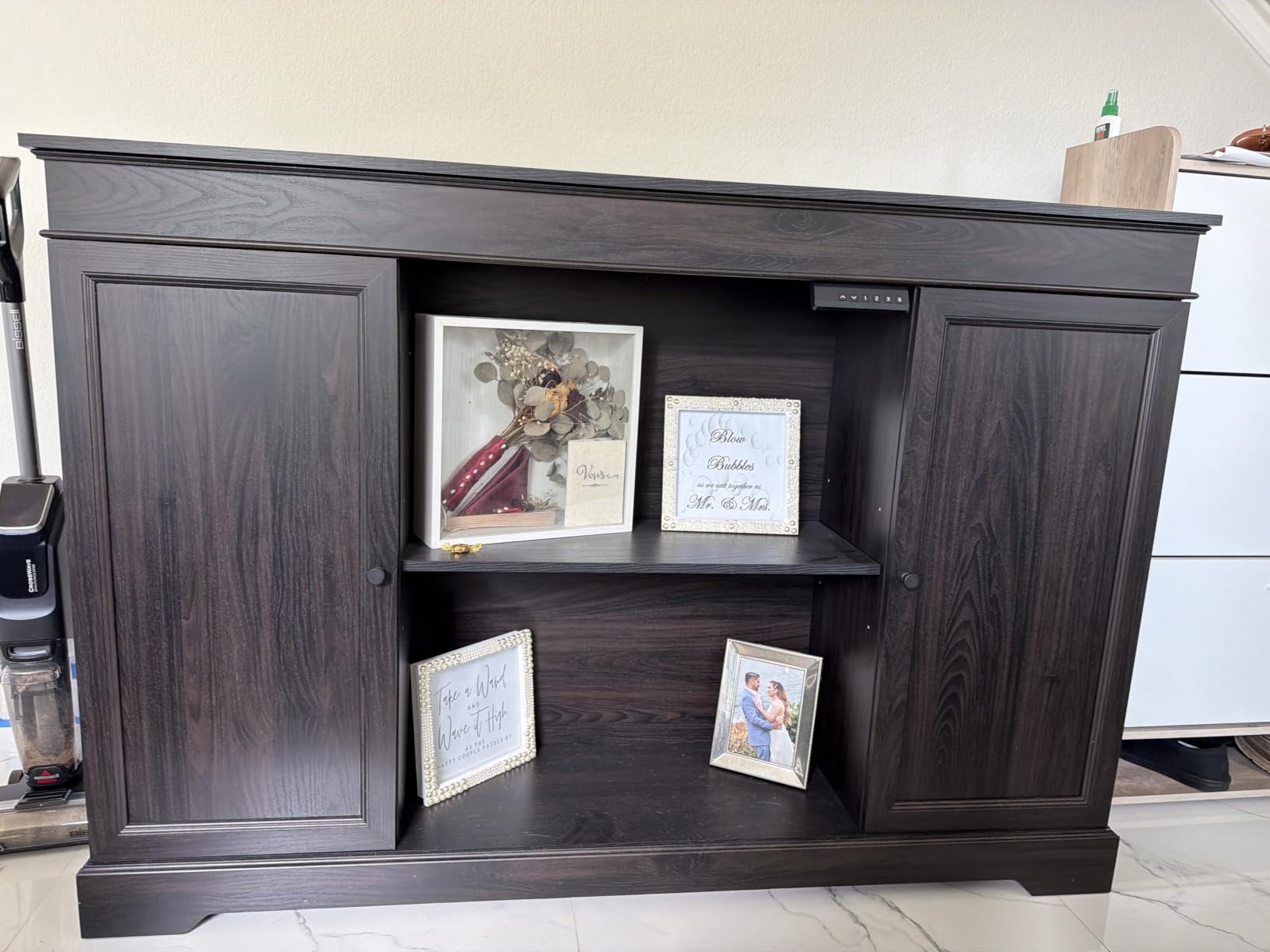GDLF Hidden Motorized TV Lift Cabinet for 55-65 Inch TVs, Walnut | Remote control operation raises or lowers the screen, while interior compartments organize media devices and accessories customer photo 2