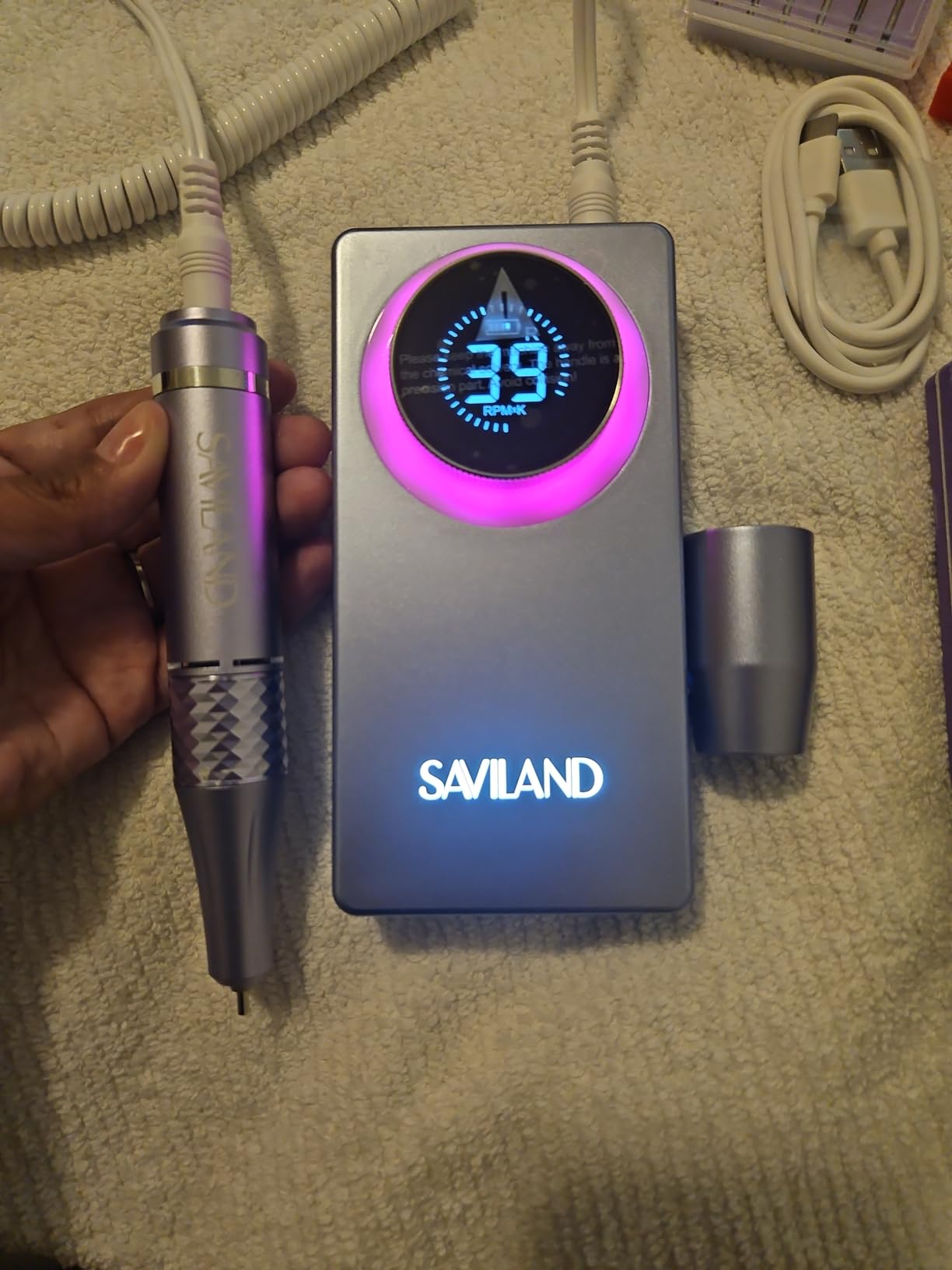 SAVILAND Nail Drill Professional 40000RPM 30S Fast Removal for Acrylic Nail | Low noise running, 4000mAh battery Long-Lasting, Complete drill bit set, Salon & mobile tech use, LCD display, Gradient Purple customer photo 2
