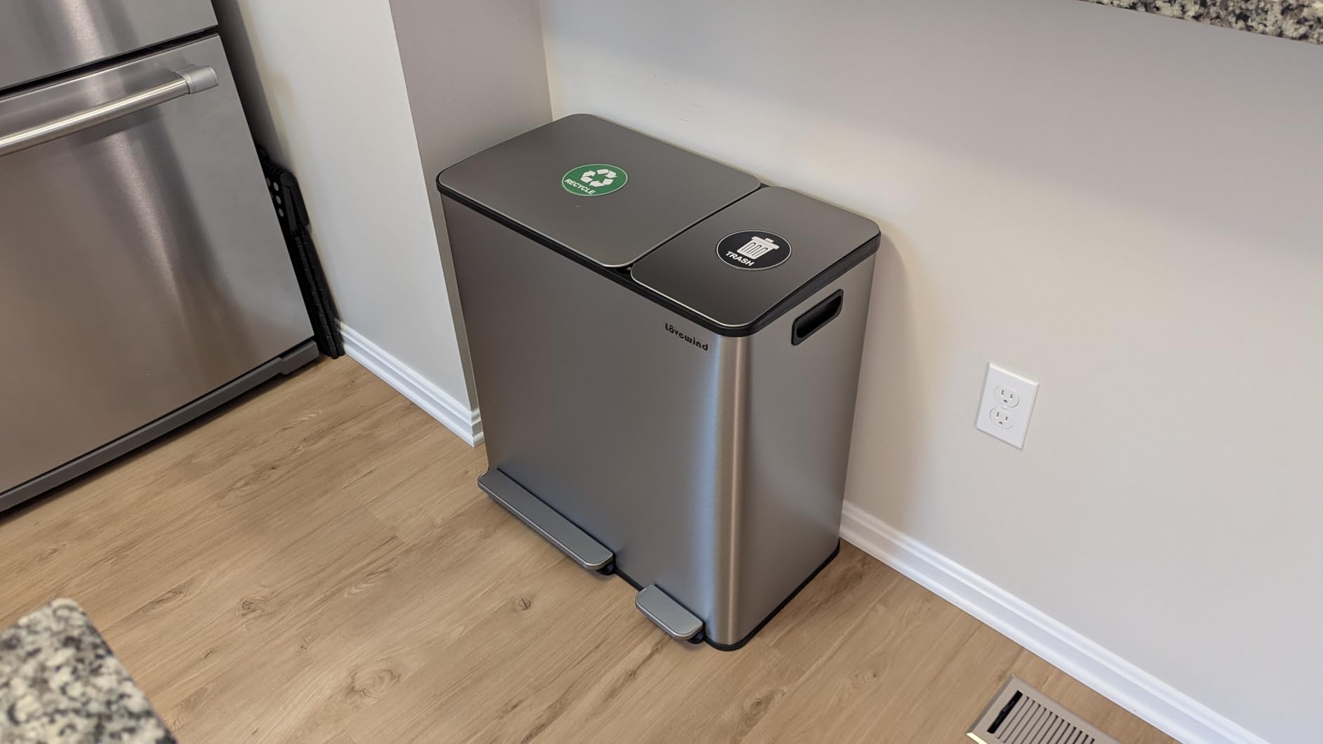 Lovewind Dual Trash and Recycling Bins for Kitchen, 13+6 Gallon Stainless Steel Garbage and Recycle Bin Combo for Large Families, Dual Trash Can with Soft Close Lid & Magnetic Stickers, Silver customer photo 2