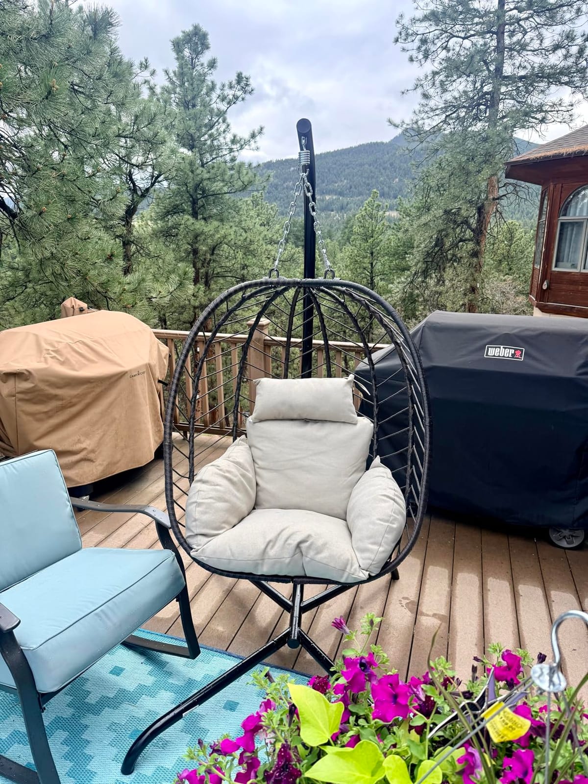 ALAULM Foldable Egg Chair with Stand, 485LBS Capacity Wicker Rattan Hammock Swing Chair for Outdoor & Indoor, Hanging Chair with Strong Frame & UV Resistant Cushion for Balcony, Bedroom, Cream customer photo 1
