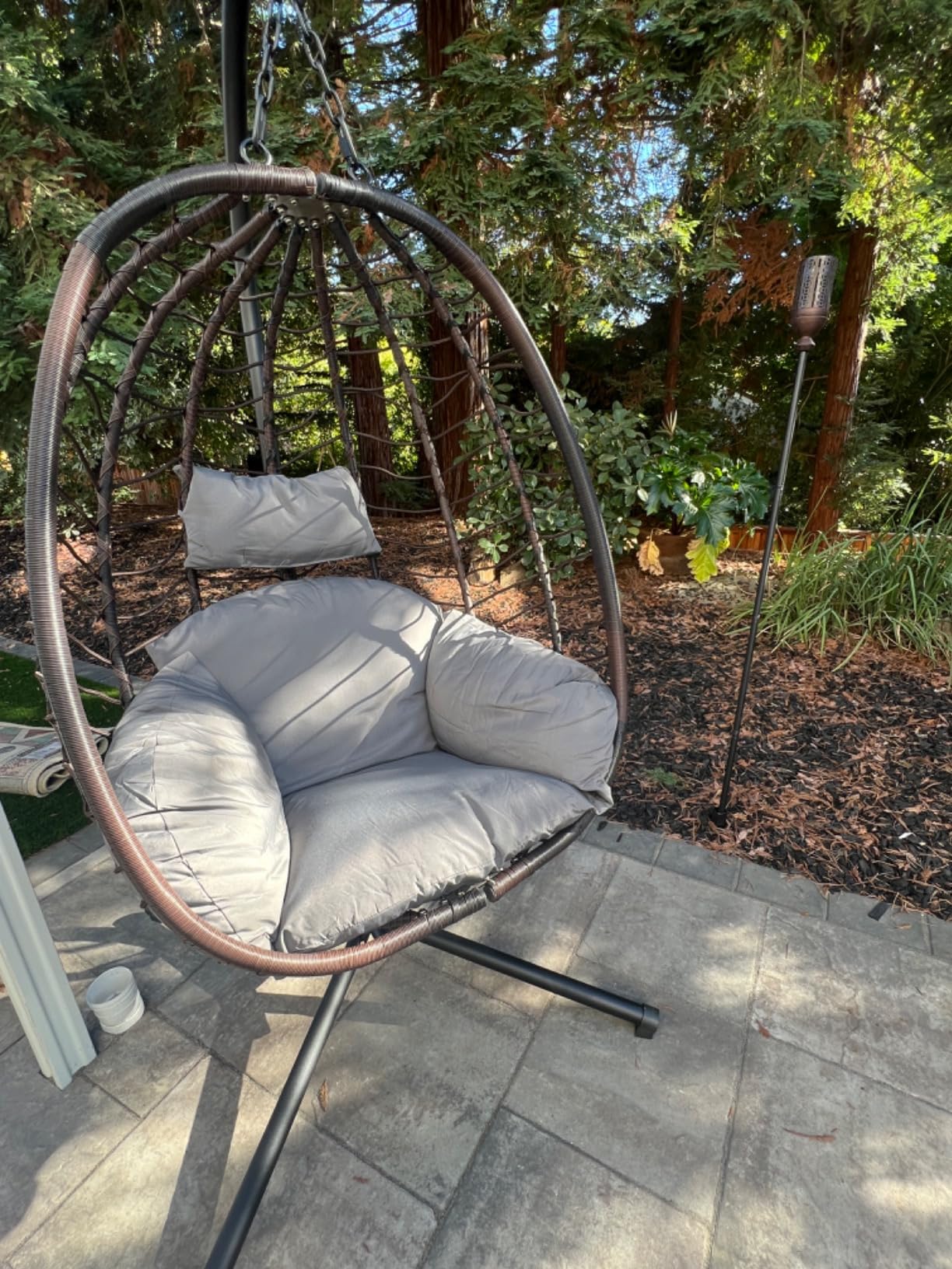 ALAULM Foldable Egg Chair with Stand, 485LBS Capacity Wicker Rattan Hammock Swing Chair for Outdoor & Indoor, Hanging Chair with Strong Frame & UV Resistant Cushion for Balcony, Bedroom, Cream customer photo 2