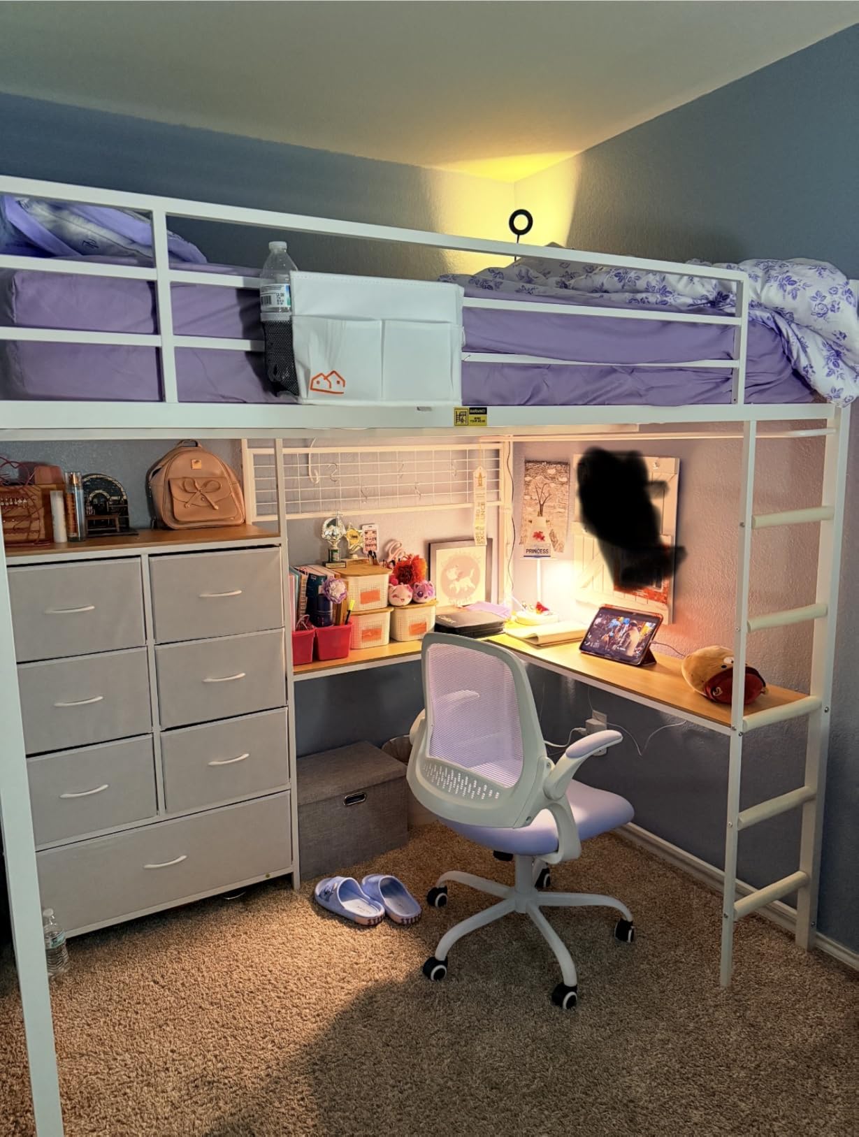DICTAC Twin Size Loft Bed with L-Shaped Desk and 7 Storage Drawers,Metal Twin Loft Bed for Kids with LED Lights & Charging Station,Girls loft beds with 13.11