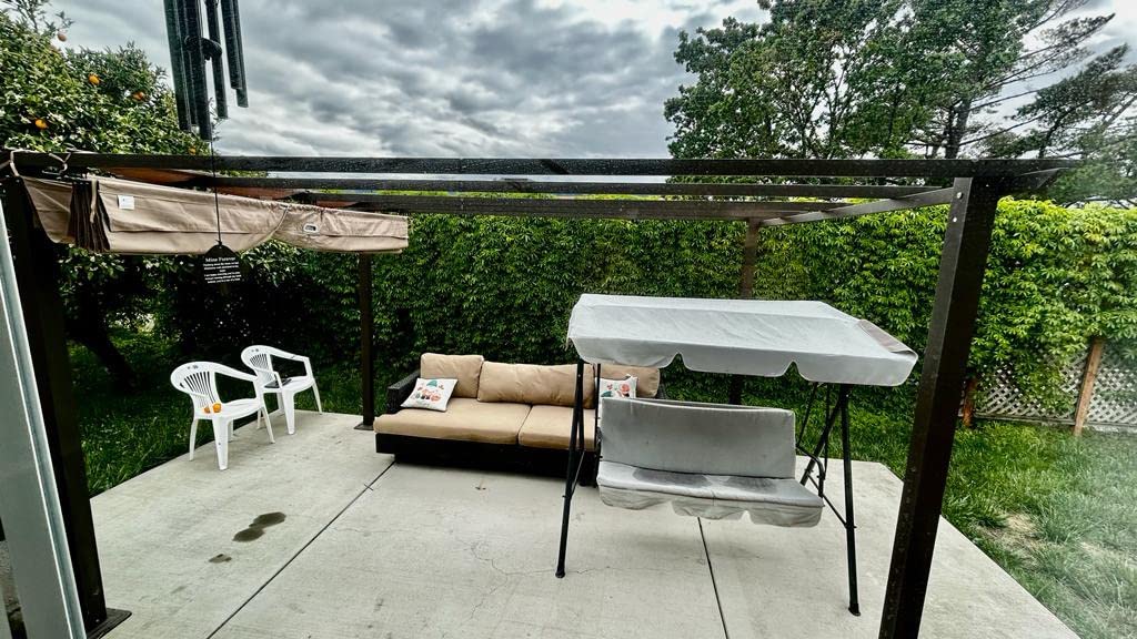 HAPPATIO 10' X 13' Wood-Grain Retractable Pergola with Sun Shade Canopy, Patio Aluminum Frame Shelter for Backyards, Gardens, Porch, Includes Ground Studs and Expansion Screws (Beige) customer photo 1