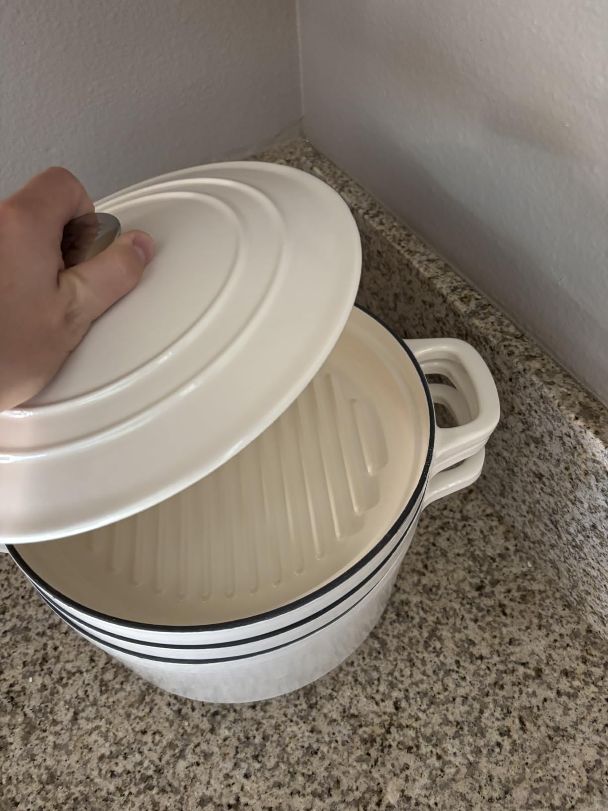 AHJ Enameled Cast Iron Dutch Oven Set - 4 Piece Cookware Set with Lids | 4.8Qt, 2.6Qt and 1.3Qt Dutch Ovens, Stackable Cast Iron Pots and Pans Sets for Bread Baking, Slow Cooking and Roasting, White customer photo 1