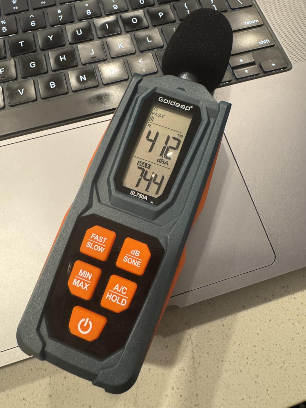Decibel Meter, Goldeep SL750A Digital Sound Level Meter 30-130dB, A/C Weighted DB Meter with dB/SONE, Fast/Slow, MAX/MIN, LCD Sound Meter for Home, Office, Factory, Neighbor Noise - Vitality Orange customer photo 2