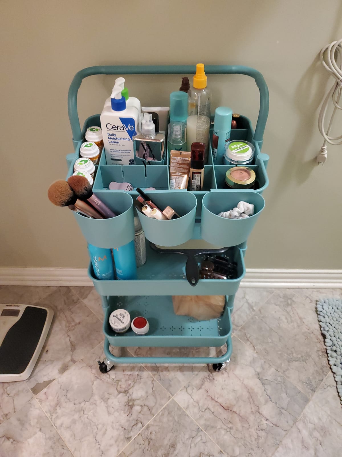 ALVOROG Rolling Storage Cart with 5 Drawers,Pegboards,Wooden Top,Bins,White customer photo 2