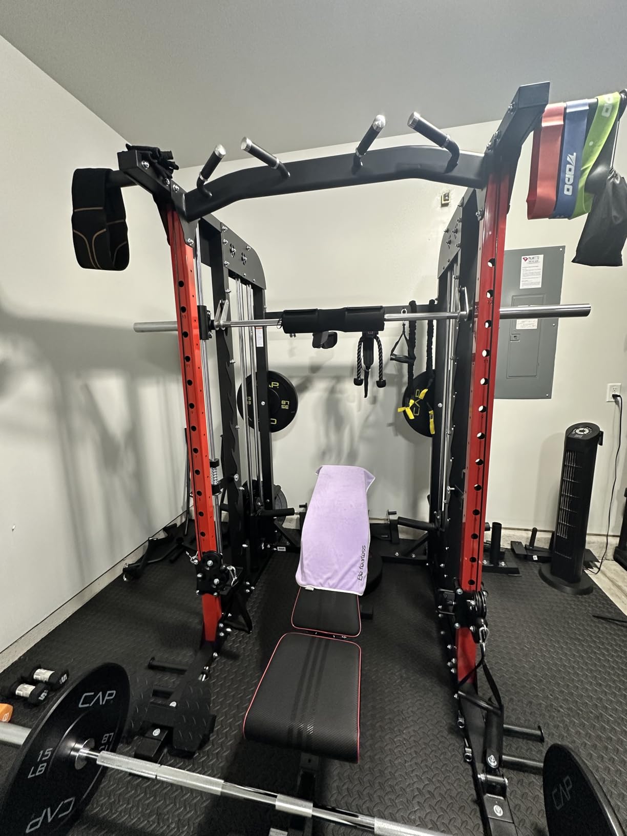 pooboo Power Cage Smith Machine with 2000LB Squat Rack Cable System | LAT Pulldown and Dual Pulley Cable Crossover with All-in-One Home Gym Machine, Adjustable Stations and Training Attachments customer photo 1
