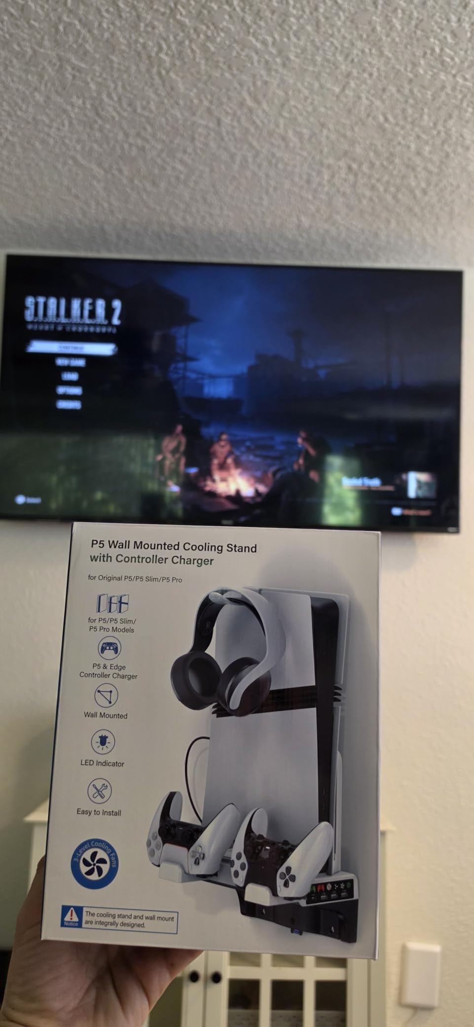 PS5/Slim/Pro Wall Mount Kit with Cooling Fan & Charging Station, PS5 Shelf Floating Mount for All PlayStation 5/Slim/Pro Disc & Digital Console, PS 5 Wall Bracket Behind TV, PS Five Pro Accessories customer photo 1
