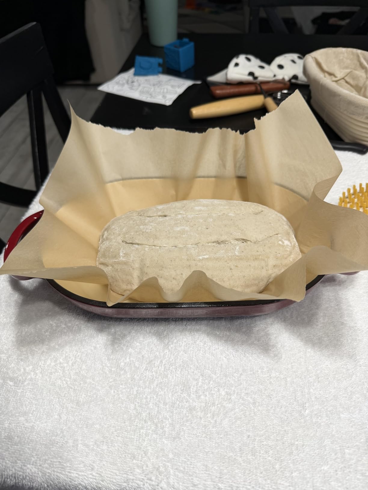 Enameled Cast Iron Dutch Oven for Bread Baking - incl. Sourdough Bread-Baking Supplies like Banneton Bread-Proofing Basket - 5QT Loaf Cast Iron Bread Oven Pan& Meatloaf Pan with Lid, Sour Sough Tools, Lame (Cream White） customer photo 1